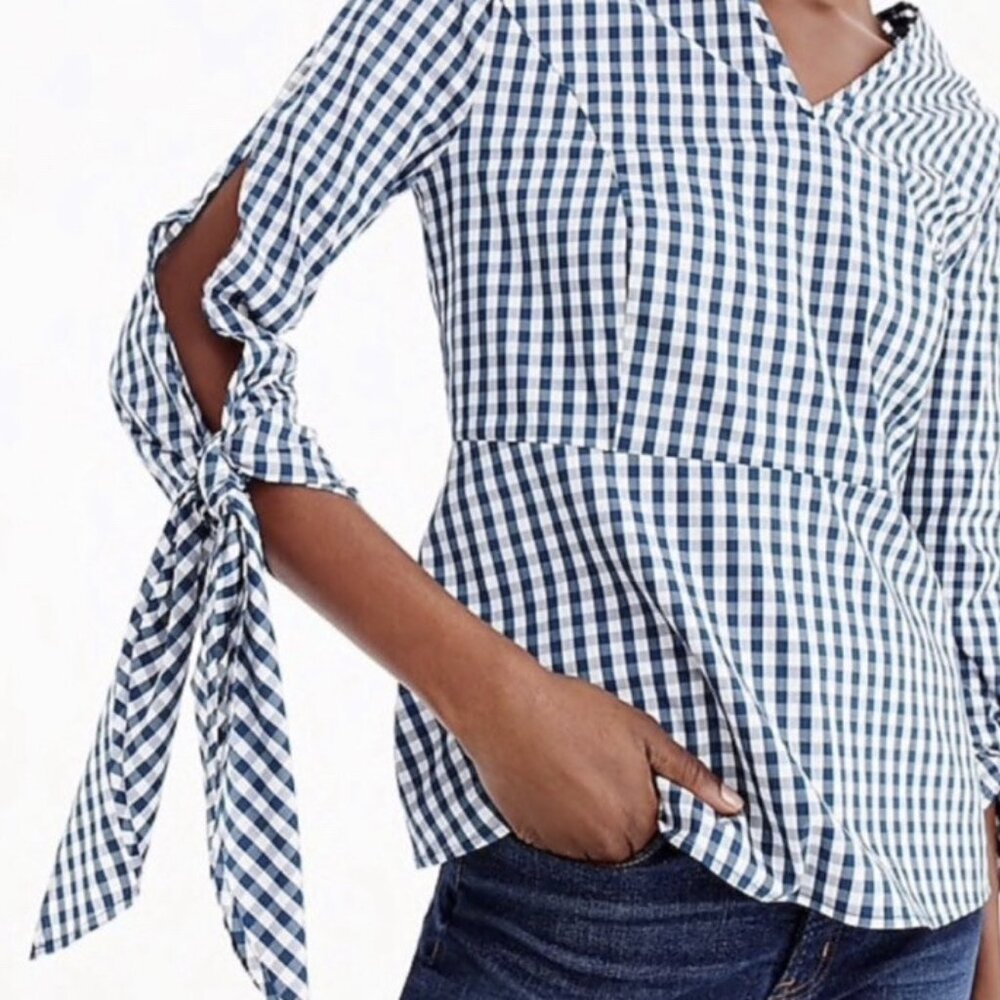 J Crew Top Universal Standard Womens M Navy Gingham Tie Sleeve Preppy Coastal